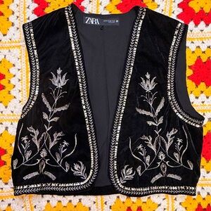 ZARA BLACK GOLD EMBROIDERED VELVET VEST WAISTCOAT SIZE XS BOHO WHIMSYGOTH